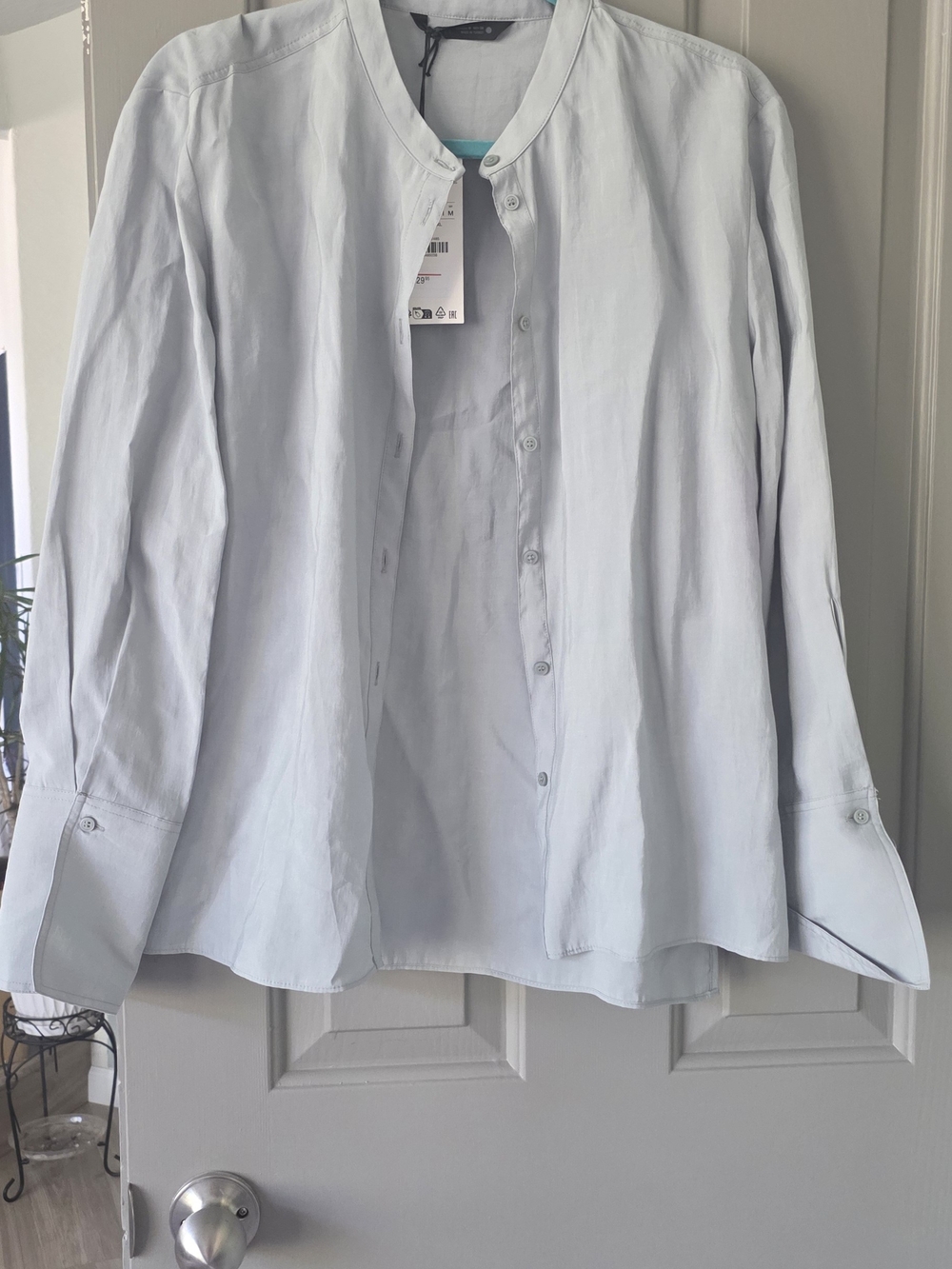 Mango Light Blue Band-Collar Blouse